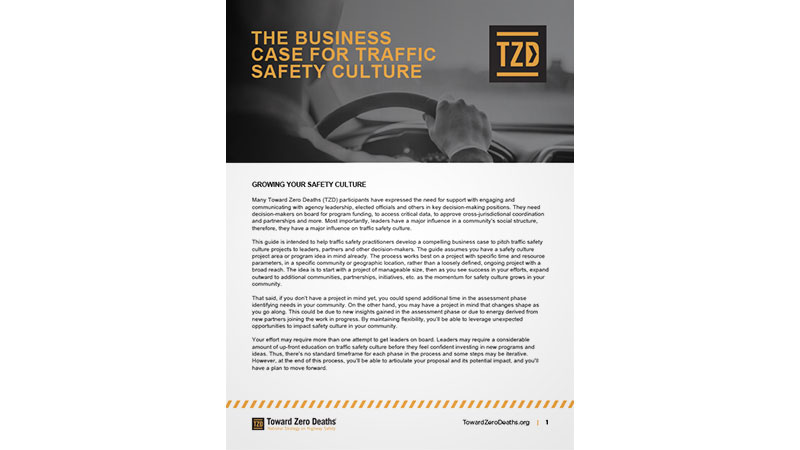 Screen shot of guide for developing a business case for traffic safety culture projects and programs