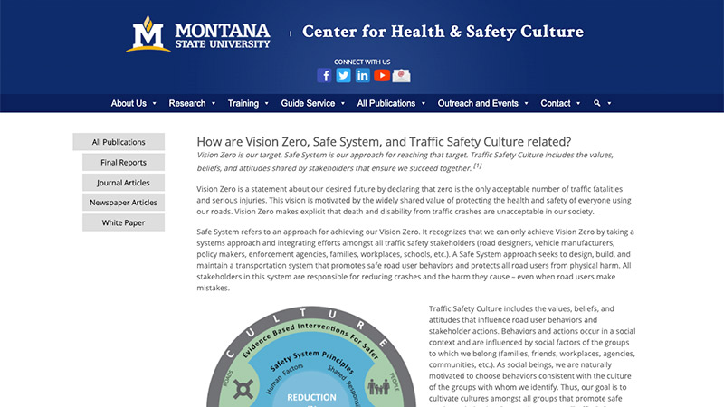 Screen shot of webpage that compares Vision Zero, Safe Systems and Traffic Safety Culture