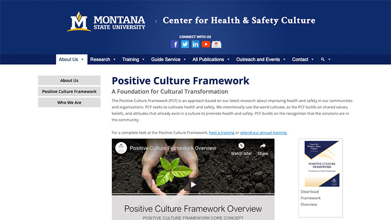 Screen shot of positive traffic safety culture framework page from Montana Traffic Safety Culture Pooled Fund