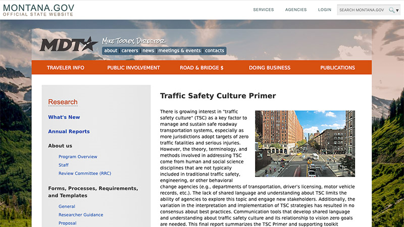 Screen shot of Montana Pooled Fund Traffic Safety Culture Primer webpage