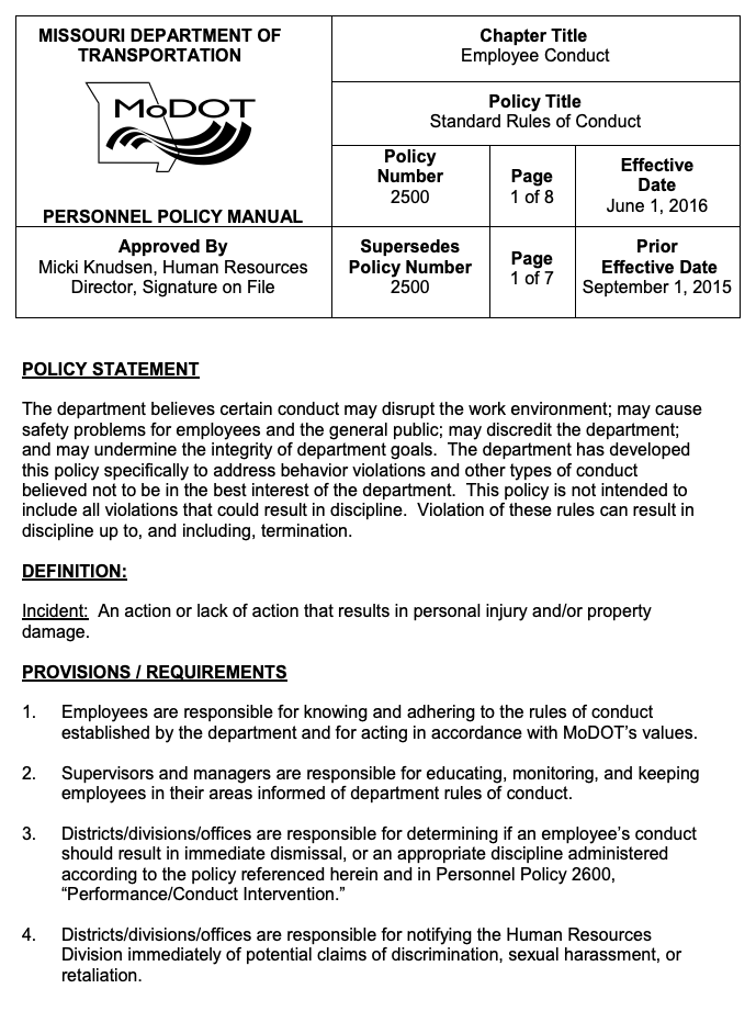 MoDot Personnel Policy Manual Thumbnail