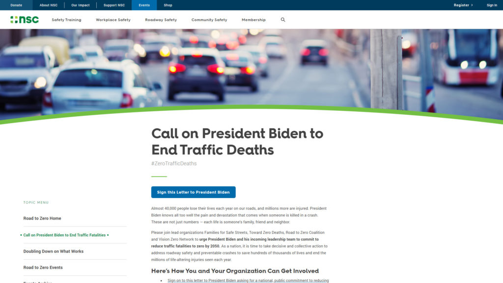 Zero Traffic Deaths 2050 website screenshot