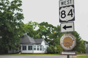 Historic federal Highway 84 makes a turn in the town of Trout in rural Louisiana