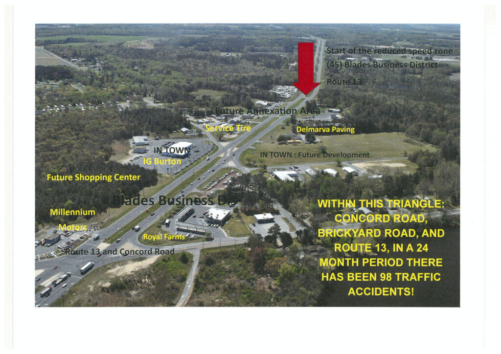 Diagram from engineering study of U.S. 13 in the Town of Blades, Delaware, highlighting issue with speed limits and development activity
