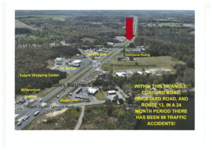 Diagram from engineering study of U.S. 13 in the Town of Blades, Delaware, highlighting issue with speed limits and development activity