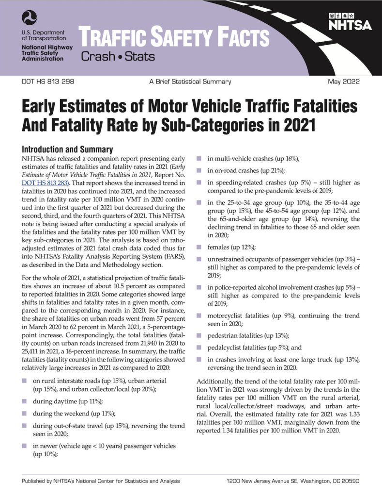 Screenshot of cover page of NHTSA Traffic Safety Facts, early estimates of 2021 U.S. traffic fatalities