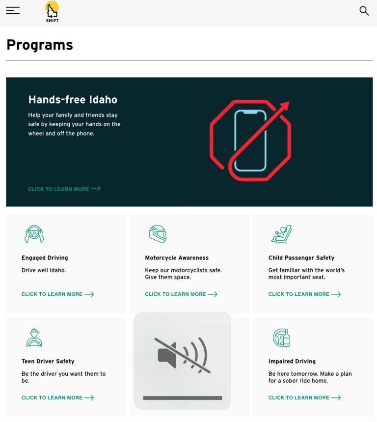 Screenshot of Idaho's SHIFT traffic safety website