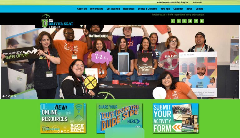 Screenshot of "U in the Driver Seat" webpage for Texas collegiate peer to peer driver safety program