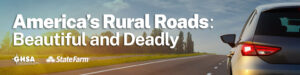 Banner image with title of new GHSA and State Farm Insurance traffic safety report on rural roads