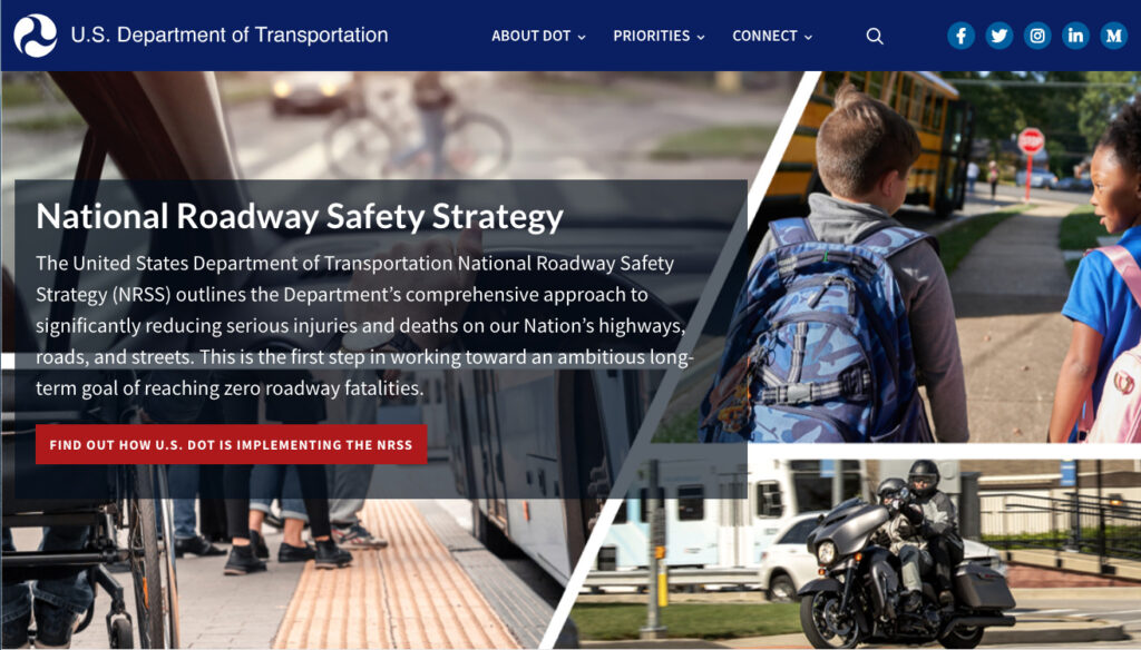 Screenshot of the homepage of USDOT National Roadway Safety Strategy