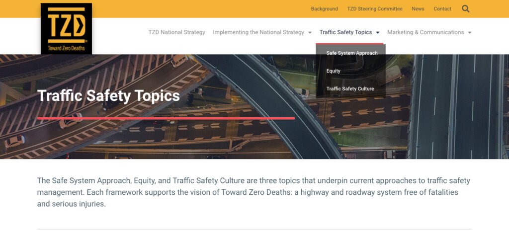 Screenshot of webpage header for the Traffic Safety Topics page of the TZD website