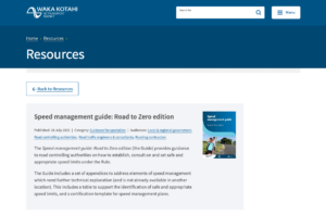 Screenshot of the New Zealand Transport Agency resources webpage featuring the Speed management guide: Road to Zero edition