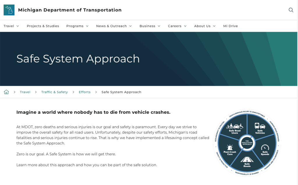Screenshot of Michigan Department of Transportation Safe System Approach webpage