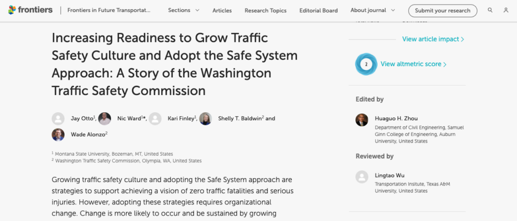Screenshot of Frontiers article Increasing Readiness to Grow Traffic Safety Culture and Adopt the Safe System Approach published July 2022