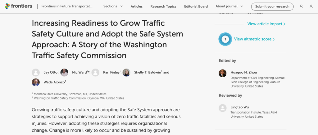 Screenshot of Frontiers article published July 2022 "Increasing Readiness to Grow Traffic Safety Culture and Adopt the Safe System Approach"