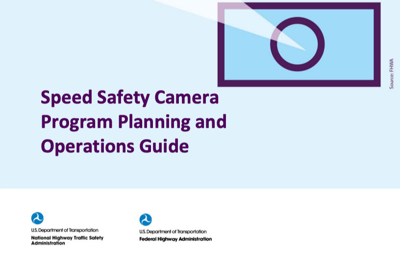 Screenshot of the bottom half of the cover page of the Speed Safety Camera Program Planning and Operations Guide featuring an icon of a camera against a light blue background, and with the logos for the USDOT agencies of NHTSA and FHWA