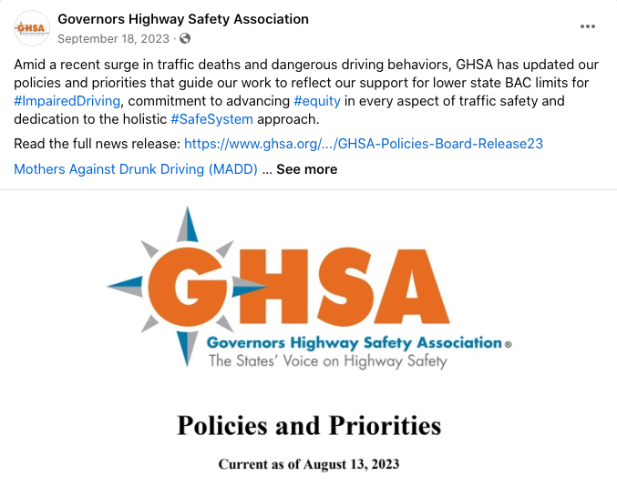 GHSA Facebook post announcing its updated Policies and Priorities